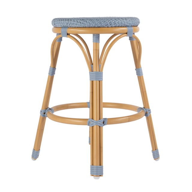 Tobias 24.5 in. Seat Height Outdoor Rattan and Metal Backless Counter Stool, Baby Blue/ Natural Rattan Frame For Sale In Chicago - Image 6 of 8