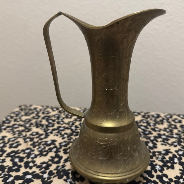 1970s Vintage Etched Brass Pitcher Featuring Floral and Botanical Patterns. For Sale - Image 5 of 6