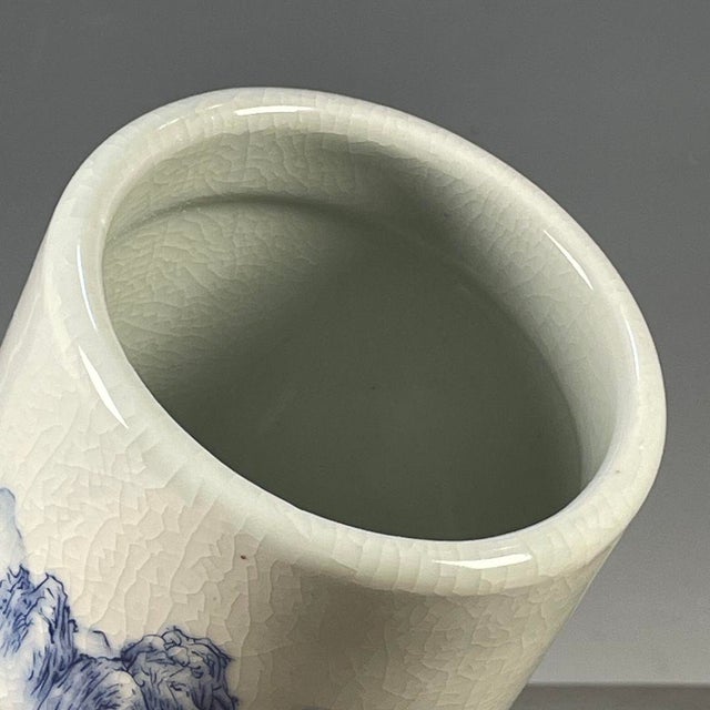 Blue & White Crackle Glaze Porcelain Brush Pot With Landscape Scene For Sale - Image 9 of 9