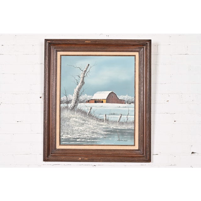 Original Artist Signed "Barn in Snowfall" Oil Painting on Canvas in Carved Wood Frame For Sale - Image 13 of 13