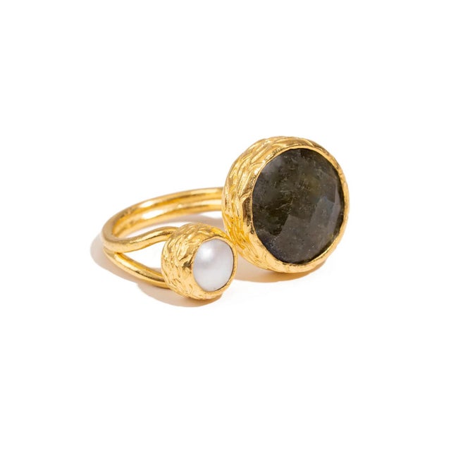Mystic Duo Labradorite & Pearl Gold Adjustable Ring, Size 4 For Sale - Image 9 of 9
