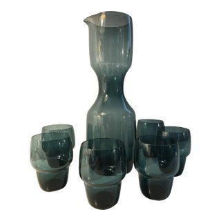 1950s Kjell Blomberg Gullaskruf Art Glass Decanter & Beaker Glasses Set- 7 Pieces For Sale