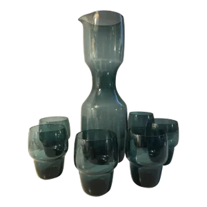 1950s Kjell Blomberg Gullaskruf Art Glass Decanter & Beaker Glasses Set- 7 Pieces