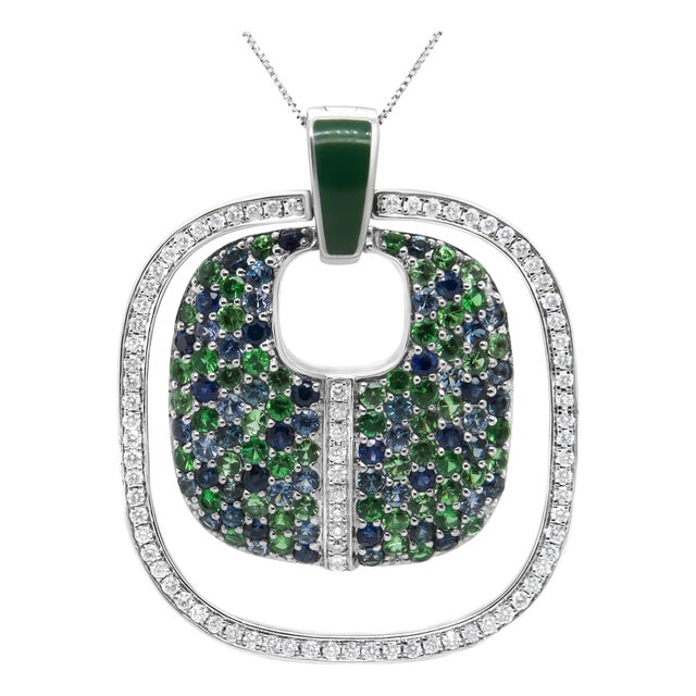 .925 Sterling Silver Green Enamel Pendant with 1/2 Cttw Diamond, Sapphire, and Tsavorite Openwork St For Sale