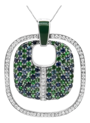 .925 Sterling Silver Green Enamel Pendant with 1/2 Cttw Diamond, Sapphire, and Tsavorite Openwork St