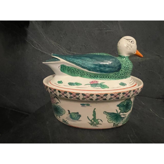 Vintage Hand-Painted Porcelain Lidded Oval Dish Surmounted With a Figural Duck For Sale - Image 13 of 13