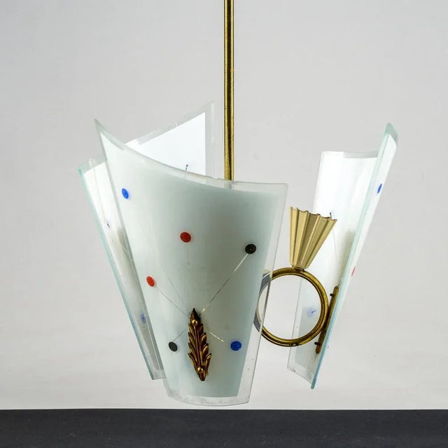 Art Deco Chandelier in Glass and Brass For Sale - Image 6 of 9