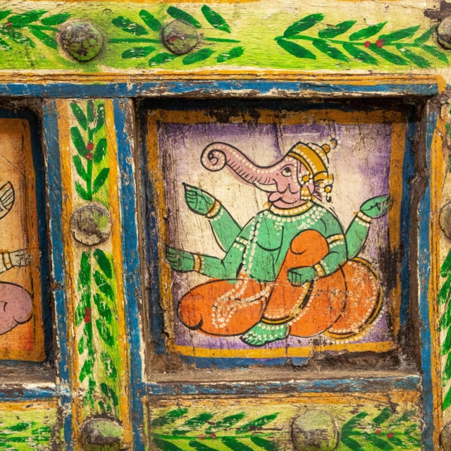 Kelly Green Early 1900s Antique Rajasthani Doors With Folk Art Paintings of Ganesh For Sale - Image 8 of 12