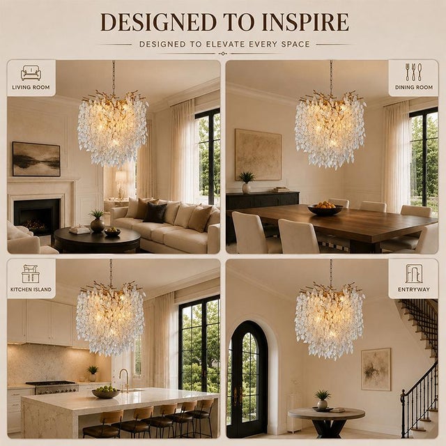 Aloadecor 11-Light 22'' Modern Branch Chandelier With Glass Leaves in Painted Brass for Dining Room and Entryway For Sale In Houston - Image 6 of 12