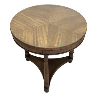 Vintage, Drexel Triune, Round Side Table, With Glass Top, Three Legs, Mahogany, 1970’s For Sale