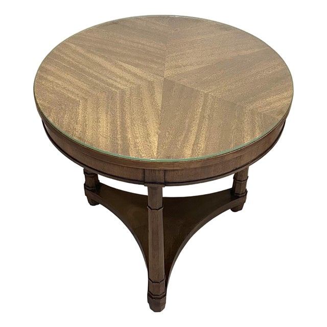 Vintage, Drexel Triune, Round Side Table, With Glass Top, Three Legs, Mahogany, 1970’s For Sale