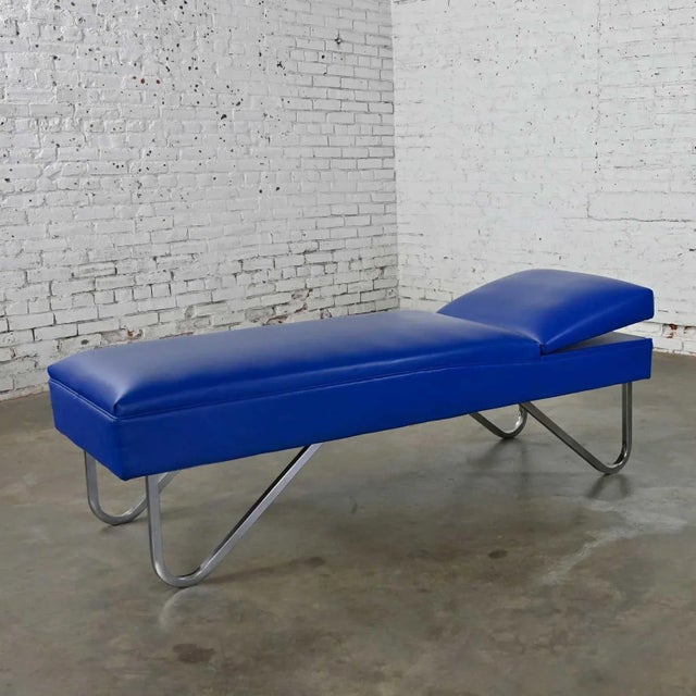 MCM to Streamline Modern or Industrial Chaise Daybed Adjustable Back Royal Blue Vinyl and Chrome For Sale - Image 4 of 12