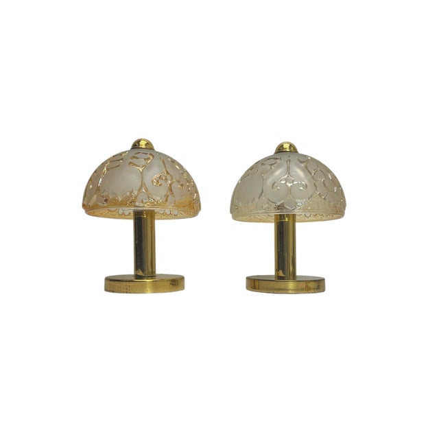 Brass and Relief Glass Mushroom Table Lamps from Peill & Putzler, 1970s, Set of 2 For Sale - Image 6 of 12