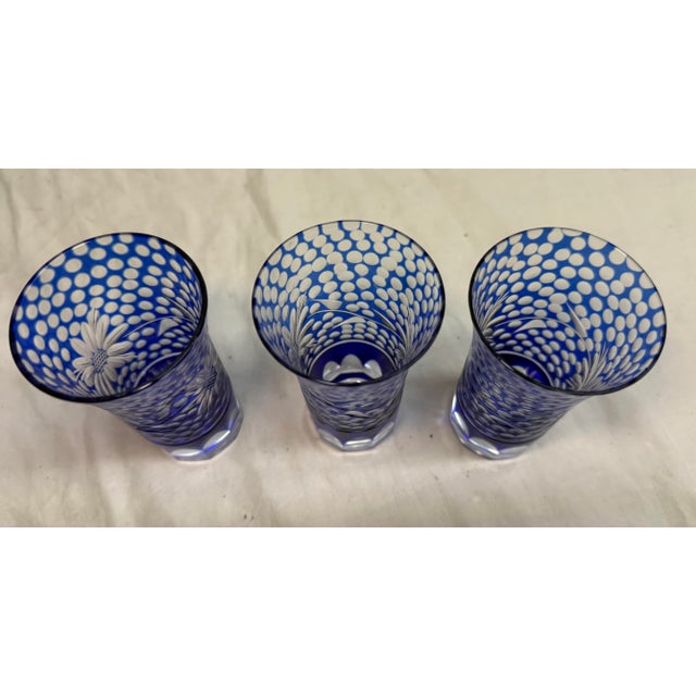 Vintage Elaborate Cut to Clear Crystal Glass Czech Cobalt Blue Shot Glasses - Set of 3 For Sale - Image 11 of 11