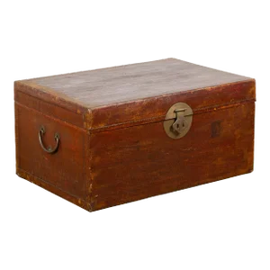 Early 20th Century Reddish Brown Leather Bound Trunk or Coffee Table with Brass Hardware