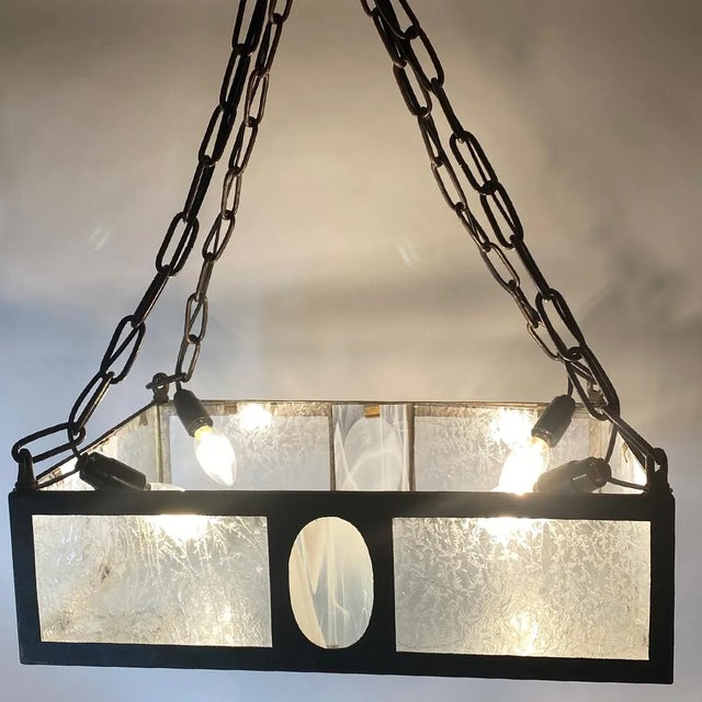 Swedish Iron, Bronze and Crackle Glass Four-Light Pendant Light For Sale - Image 9 of 11