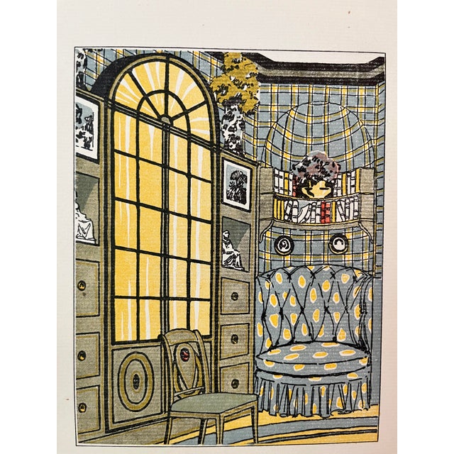 Pochoir print of a charming interior from Gazette du Bonton in 1914. Alternating patterns in ochre, gray-blue, and black...