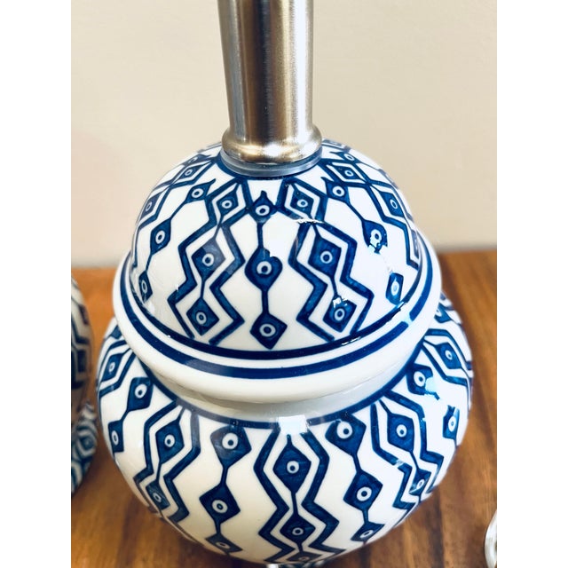 Ceramic Small Blue and White Geometric Pattern Ceramic Ginger Jar Lamps - Set of Two For Sale - Image 7 of 9