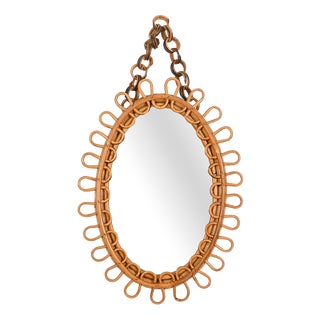 Small Oval Mirror with Chain in Rattan and Bamboo by Franco Albini, Italy, 1960s For Sale