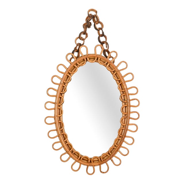 Small Oval Mirror with Chain in Rattan and Bamboo by Franco Albini, Italy, 1960s For Sale