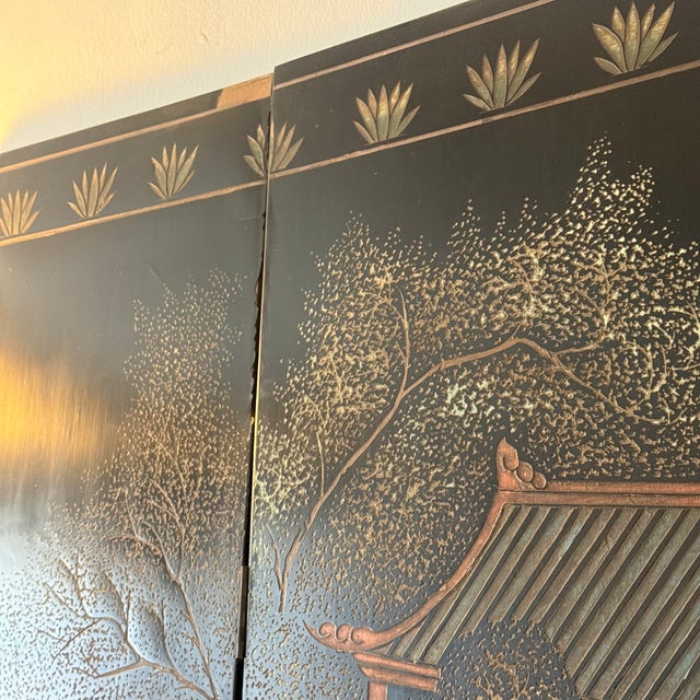 Paint Monumental Antique Chinese Double-Sided Black Lacquer Six-Panel Screen For Sale - Image 7 of 8