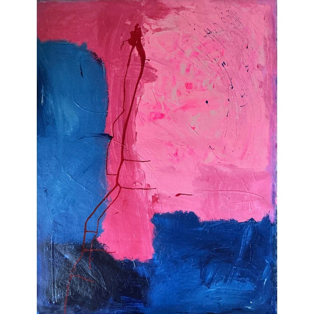 Textile Pink & Blue Composition Original Abstract Colorfield Painting on 46.5” by 36” Un Stretched 20 Oz Canvas For Sale - Image 7 of 7