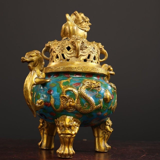 Traditional Late 20th Century Cloisonné Enamel Dragon Censer With Gilt Guardian Lion Finial For Sale - Image 3 of 10