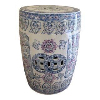 Chinoiserie Floral Blue, White, and Pink Porcelain Garden Stool or Side Table For Sale