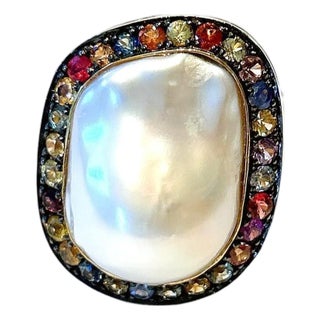 Bochic “Orient” Vintage Multi Sapphire & White Pearl Ring Set 18K Gold & Silver For Sale