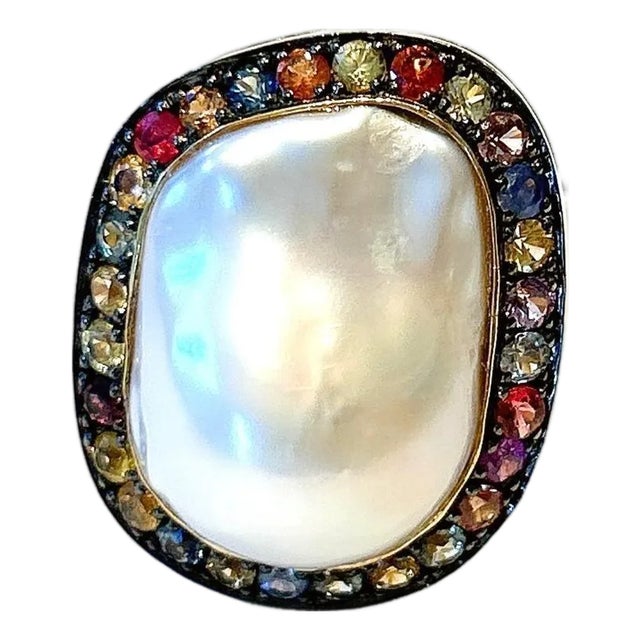 Bochic “Orient” Vintage Multi Sapphire & White Pearl Ring Set 18K Gold & Silver For Sale