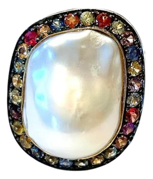 Bochic “Orient” Vintage Multi Sapphire & White Pearl Ring Set 18K Gold & Silver