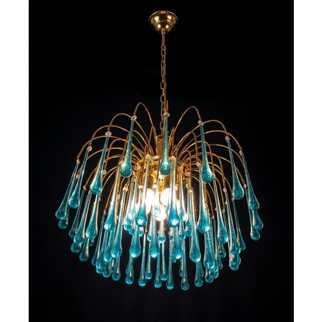 1960s Vintage Gold Rain Chandelier with Handmade Murano Glass Blue Drop, Italy, 1960 For Sale - Image 5 of 13