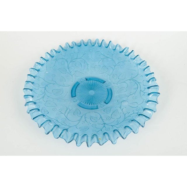 Light Early 20th Century Blue Glass Dish with Ruffled Edge and Floral Pattern For Sale - Image 3 of 5