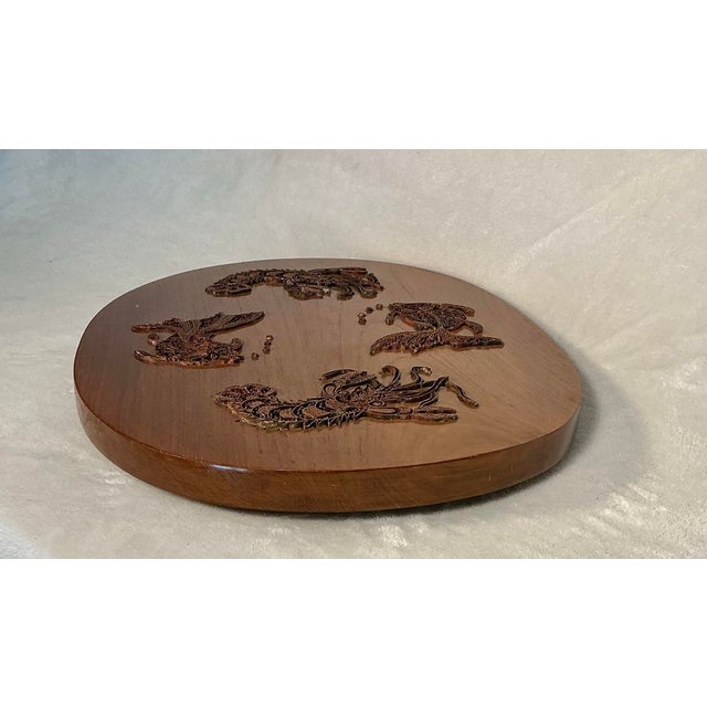 1970s Vintage Indonesian Copper Batik Tjap Stamp Walnut Wood Serving Tray Lobsters and Fishes For Sale - Image 5 of 12