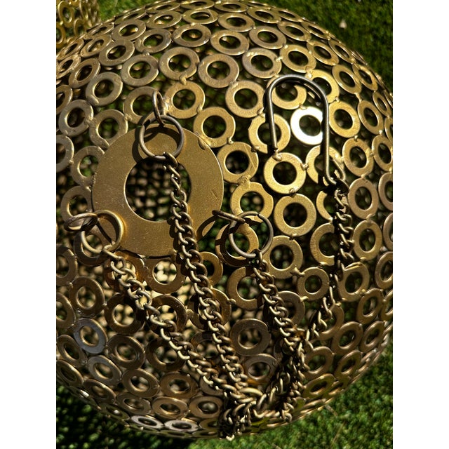 Modern Gold-Tone Metal Spheres, 15” Decorative Pair for Hanging or Stacking For Sale - Image 3 of 11