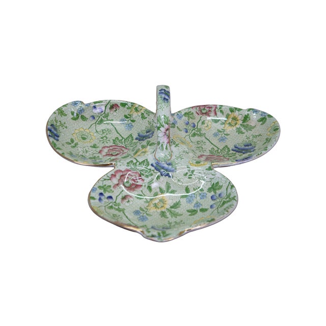 Antique clover or leaf shaped divided relish condiment serving dish / compote featuring a central handle. Manufacturer:...