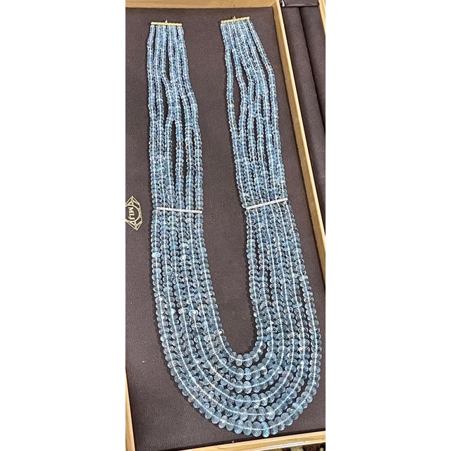 Metal 1100 Ct 6 Layer Natural Aquamarine Bead Necklace 14 Kt Gold and Diamond Necklace For Sale - Image 7 of 18