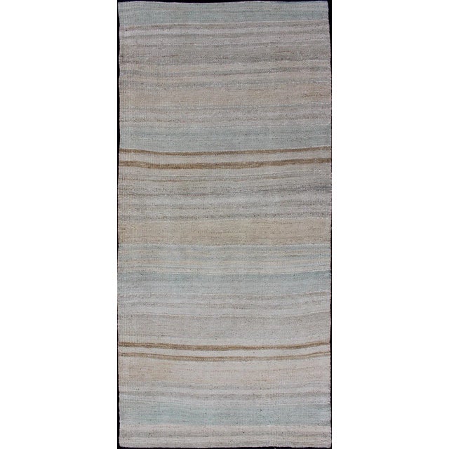 Minimalist Striped Design Vintage Turkish Kilim Runner With Neutral Tones For Sale - Image 9 of 9