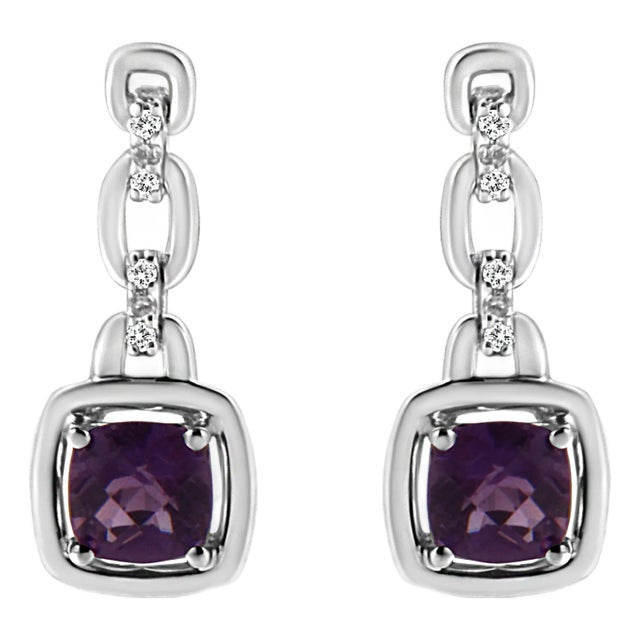 .925 Sterling Silver 6x6MM Cushion Shaped Natural Purple Amethyst and Diamond Accent Drop and Dangle Earrings , A Pair For Sale