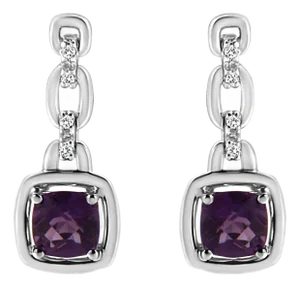 .925 Sterling Silver 6x6MM Cushion Shaped Natural Purple Amethyst and Diamond Accent Drop and Dangle Earrings , A Pair