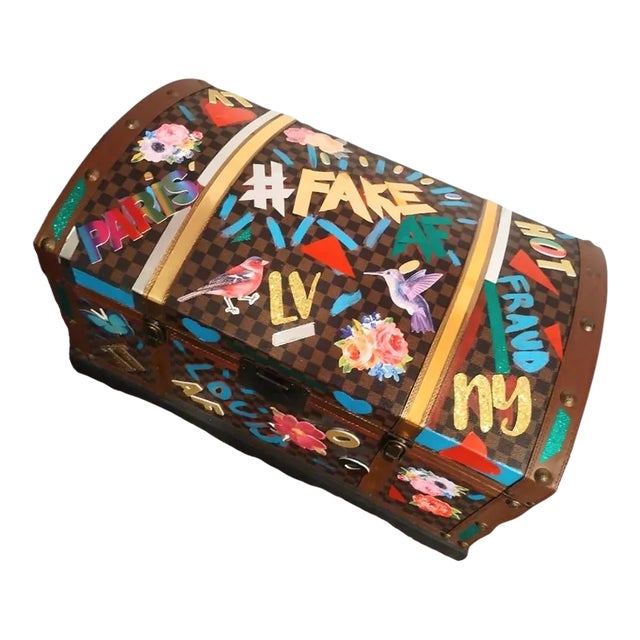 Custom Made One of a Kind Mixed Media Art Covered Faux Leather Checkered Large Storage Trunk Art For Sale
