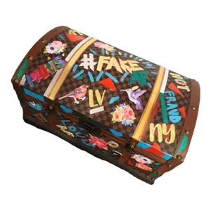 Custom Made One of a Kind Mixed Media Art Covered Faux Leather Checkered Large Storage Trunk Art