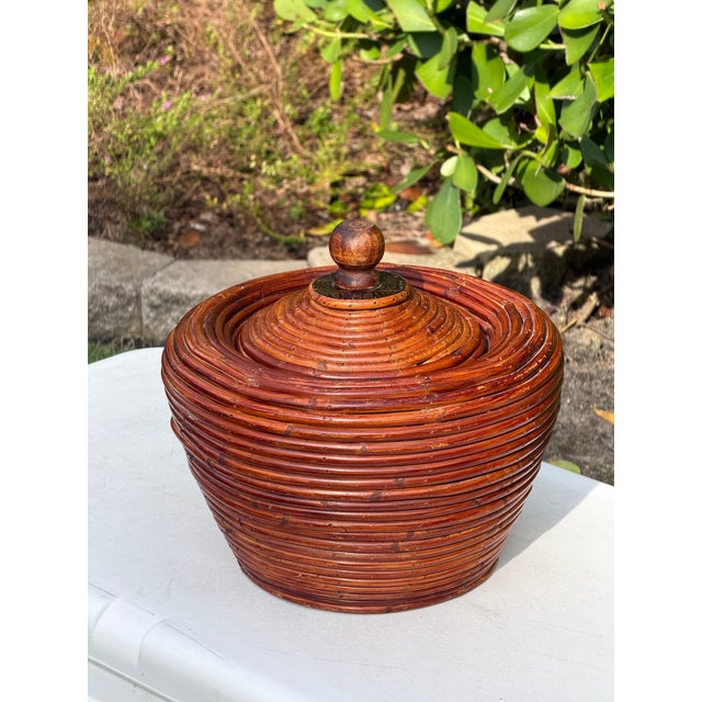 Late 20th Century Vintage Pencil Reed Rattan Lidded Urn For Sale - Image 5 of 9