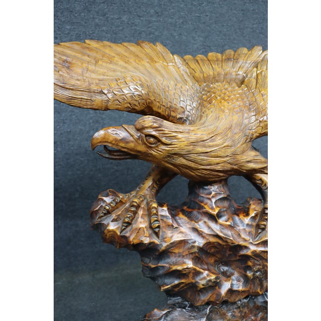 Large Mid-Century Modern Hand Carved Walnut Eagle Sculpture on Burl Wood Base For Sale - Image 4 of 12