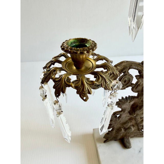 Antique Brass Victorian Couple 3 Arm Girandole Candlestick With Marble Base & Prisms For Sale - Image 13 of 17