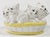 Whimsical vintage ceramic bowl featuring cluster of ten white cats in a white and yellow trimmed wicker basket. Marked...
