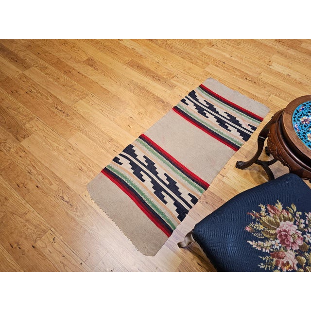 Vintage Native American Navajo Area Rug, Handwoven Wool, Stripe Pattern,Ivory & Red, 2x4 For Sale - Image 4 of 16