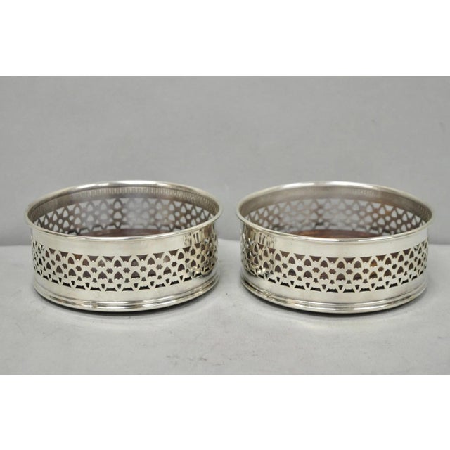 Vintage English Victorian Wood & Silver Plated Bar Wine Bottle Coaster - A Pair For Sale - Image 4 of 11