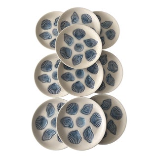 Vintage Embossed Blue Ceramic Oyster Plates, Set of 10 For Sale