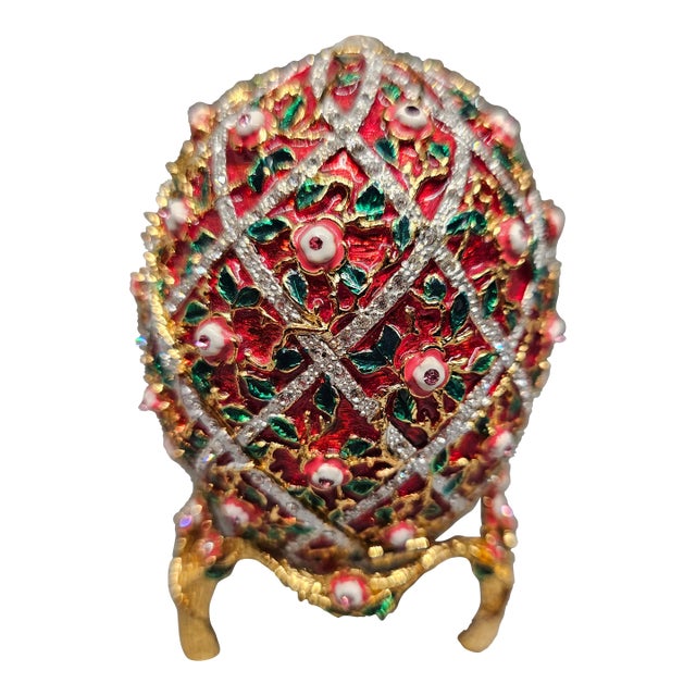 Vintage Keren Kopal Red Roses Faberge Trinket Crystal/Cliosenne Egg With a Surprise Colorful Swarovski Crystal Jewel Tree Inside and 24k Gold Plating For Sale
